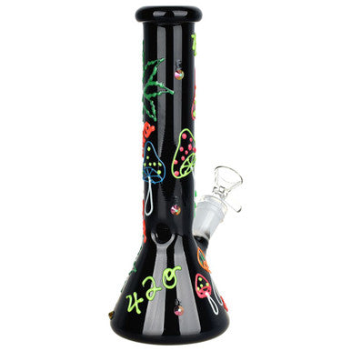 420 Leaf and Shroom Glow In Dark Glass Beaker Water Pipe - 9.5" / 14mm F